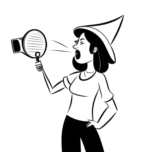 Line art drawing of a woman, representing Shoe0nHead, holding a megaphone with 'feminism rant' written on it and a YouTube play button