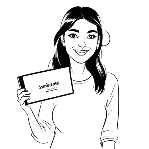 Line art drawing of a woman, representing Shoe0nHead, holding a YouTube play button and a plaque with 'JAFSProductions' written on it