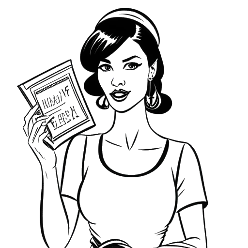 Line art drawing of a woman, representing Shoe0nHead, holding a makeup palette and a newspaper with 'The Libertarian Republic' written on it
