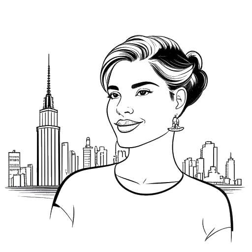 Line art drawing of a woman with short hair, representing Shoe0nHead, holding a New York city skyline and flags of Italy and Ireland