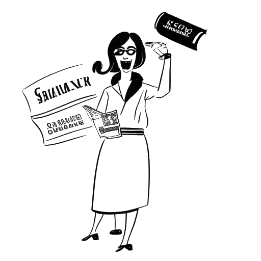 Line art drawing of a woman, representing Shoe0nHead, holding a megaphone with 'social issues' written on it and a newspaper with 'Balenciaga' and 'healthcare' written on it