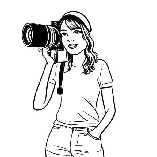 Line art drawing of a woman, representing Shoe0nHead, holding a video camera with 'Shoe0nHead', 'Vaush', and 'YourMovieSucksDOTorg' written on it