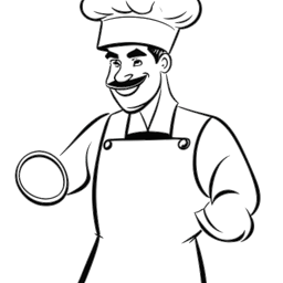 A black and white one-line drawing of a man representing Will Tennyson. He is wearing a chef's hat and holding a mixing bowl in one hand and a dumbbell in the other. The image symbolizes his passion for both cooking and fitness.