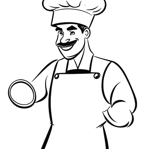Eine schwarz-weiße einzeilige Zeichnung eines Mannes, der Will Tennyson darstellt. Er trägt eine Kochmütze, hält eine Rührschüssel in der einen Hand und eine Hantel in der anderen. Das Bild symbolisiert seine Leidenschaft sowohl fürs Kochen als auch für Fitness.
