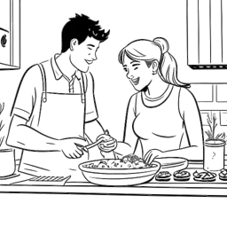 Een zwart-wit eenlijntekening van een stel dat Will Tennyson en zijn partner, Kaitlyn, vertegenwoordigt. Ze koken samen in een keuken en tonen hun gedeelde liefde voor eten en koken.