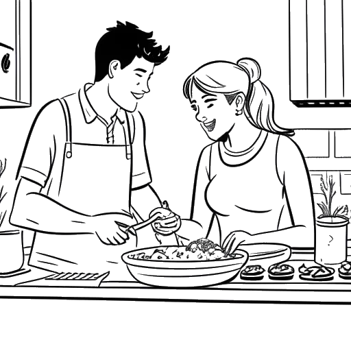 Un dessin en une seule ligne en noir et blanc d'un couple représentant Will Tennyson et sa partenaire, Kaitlyn. Ils cuisinent ensemble dans une cuisine, mettant en valeur leur amour commun pour la nourriture et la cuisine.