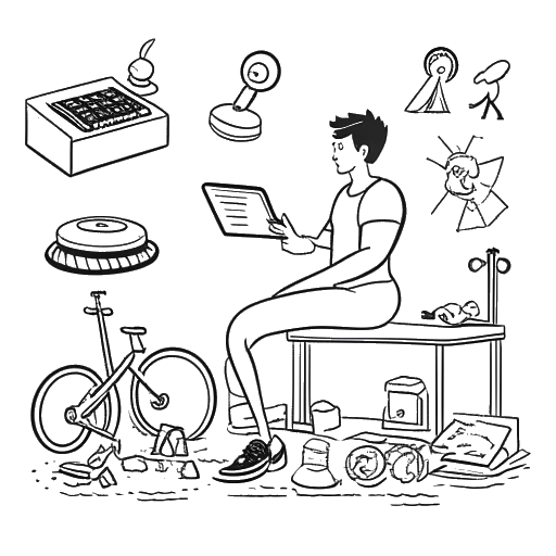 Desenho em arte linear de um jovem, representando Will Tennyson, envolvido ativamente em uma rotina de fitness e exibindo conteúdo de mídia social, com equipamentos de fitness e produtos de marca visíveis. Todos os elementos apresentados em um fundo branco.