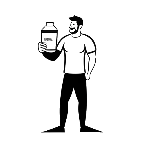 Line art drawing of a man representing Will Tennyson, standing in front of the number 1.4 million, holding a shark logo and a protein supplement container, symbolizing his partnerships with Gymshark and BPN.