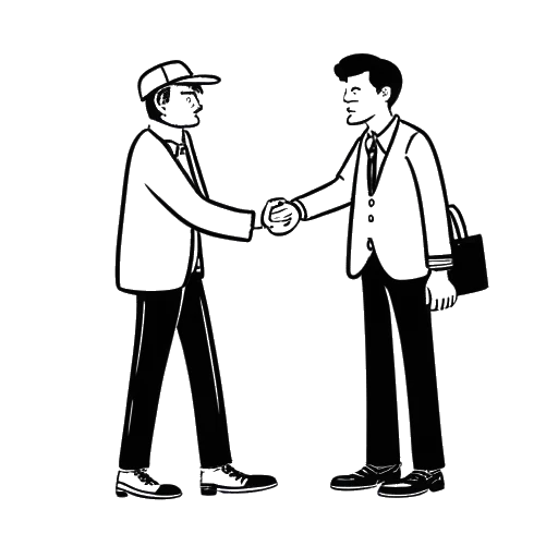 Desenho de arte em linha de um homem representando Will Tennyson, apertando as mãos com outro homem simbolizando Greg Doucette, ambos segurando câmeras.