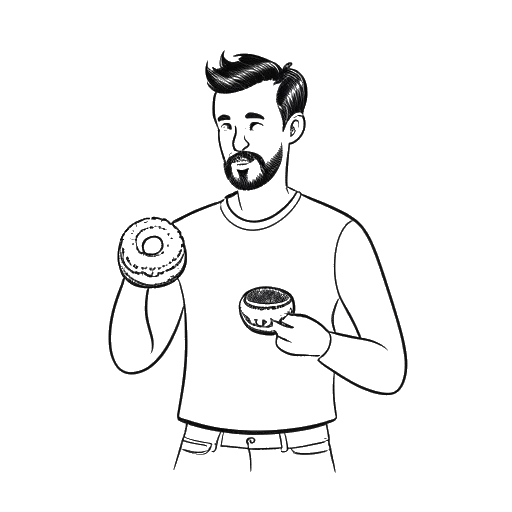 Line art drawing of a man representing Will Tennyson, holding a donut and gesturing dismissively towards a cake donut, illustrating his preference for non-cake donuts.