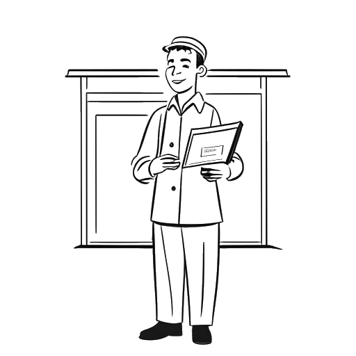 Desenho de arte em linha de um homem representando Will Tennyson, segurando um livro de receitas e em pé na frente de um restaurante, simbolizando seus sonhos de abrir um restaurante e lançar um livro de receitas.