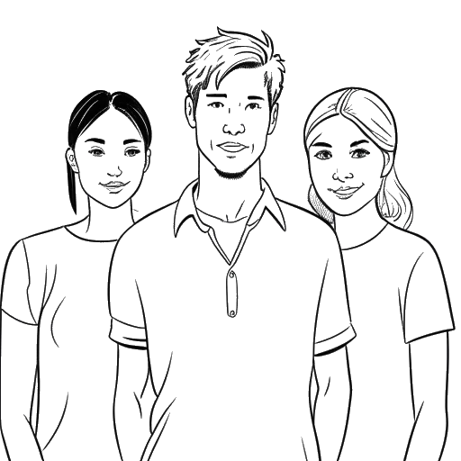 Line art drawing of a man representing Will Tennyson, with short hair, in a casual shirt, flanked by two women symbolizing his sisters Victoria and Elizabeth.