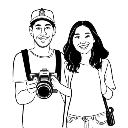 Line art drawing of a man and a woman representing Will Tennyson and Kaitlyn, both holding cameras and smiling, symbolizing their appearances in each other's videos and Instagram posts.