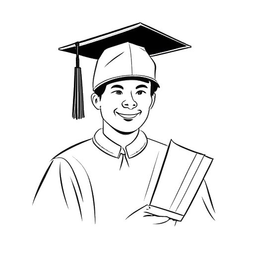 Line art drawing of a man representing Will Tennyson, wearing a graduation cap and holding two diplomas, symbolizing his graduation from the University of Guelph and George Brown College.