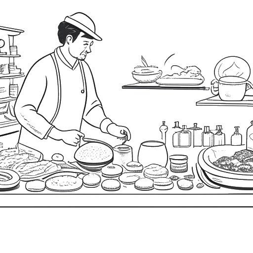 Line art drawing of a man representing Will Tennyson, cooking in front of a historical timeline, showcasing different foods and their trends throughout history.