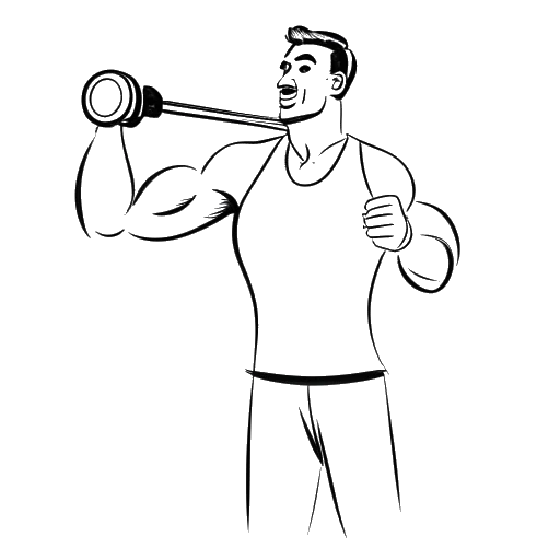 Desenho de arte em linha de um homem representando Will Tennyson, cozinhando, levantando pesos e segurando um microfone, simbolizando seus interesses em cozinhar, exercícios e compartilhar desafios fitness com seu público.