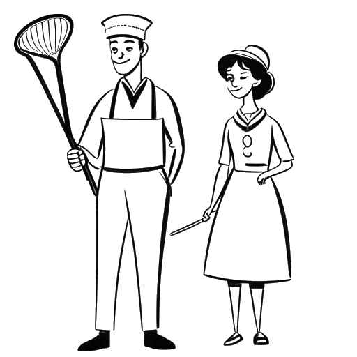 Line art drawing of a man representing Will Tennyson, holding a hockey stick and a cooking spatula, with a woman in a chef's hat beside him, symbolizing his mother.