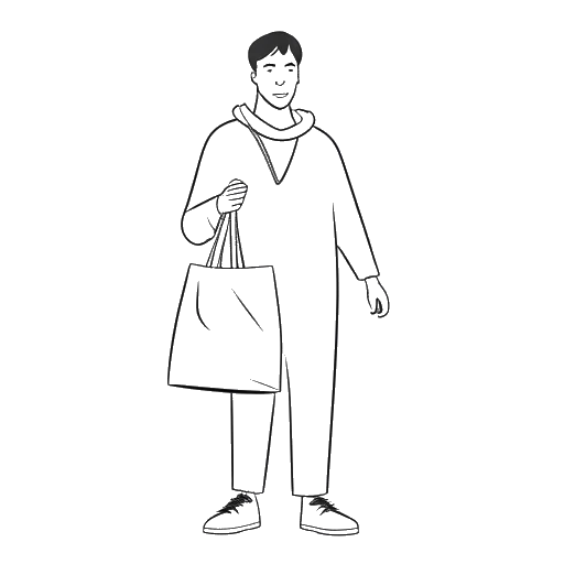 Line art drawing of a man representing Will Tennyson, holding a hoodie and an apron, with a shopping bag next to him, symbolizing his online store.