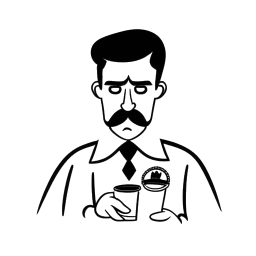 Line art drawing of a man representing Will Tennyson, with a handlebar mustache, holding a 'NO' sign in front of a coffee cup and a pill bottle, symbolizing his preferences and avoidance of stimulants and fat burners.