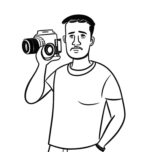 Line art drawing of a man representing Will Tennyson, holding a camera, with a dumbbell and a spatula crossed behind him, symbolizing his YouTube channel focusing on fitness and food.