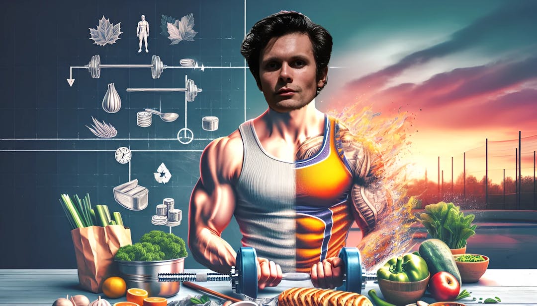 Will Tennyson, a muscular fitness YouTuber and social media influencer, looking determined and focused with a serious expression, looking directly at the camera. The vibrant thumbnail features him surrounded by fitness equipment and holding a pair of dumbbells while standing in a modern kitchen filled with healthy food ingredients. The background subtly references the Toronto Maple Leafs, showcasing his love for hockey.