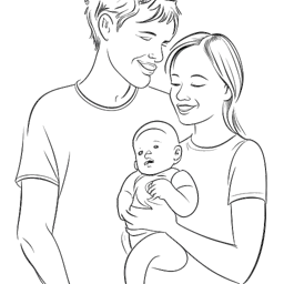 Strichzeichnung einer glücklichen Familie, bestehend aus einem Mann, einer Frau und einem Baby, die Dagi Bee, ihren Ehemann und ihr Kind repräsentiert.