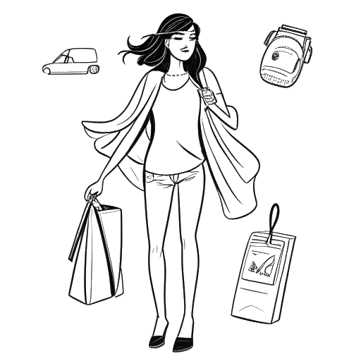 Strichzeichnung einer Frau, die Dagi Bee repräsentiert, dargestellt mit verschiedenen Leidenschaften wie einem Rucksack und einer Kamera zum Reisen, einer modischen Kleidung, sowie einem Superheldenumhang, um ihren Kampf gegen Cybermobbing zu symbolisieren.