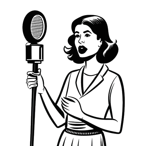 Strichzeichnung einer Frau, die Dagi Bee darstellt, mit einem Filmklappenbrett und einem Mikrofon, mit einem Plattenlabel im Hintergrund