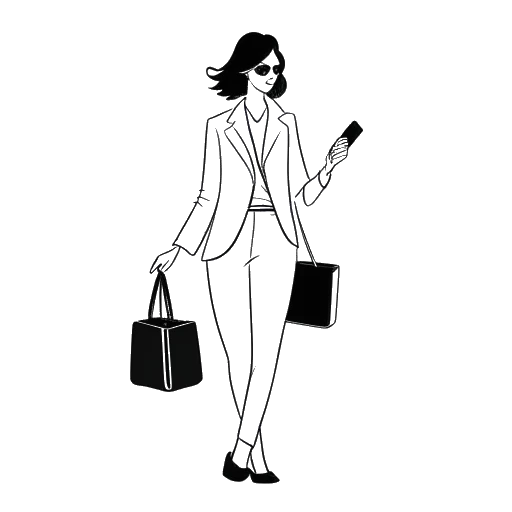 Strichzeichnung einer Frau, die Dagi Bee darstellt, einen Koffer hält, modische Kleidung trägt und auf ein Smartphone schaut