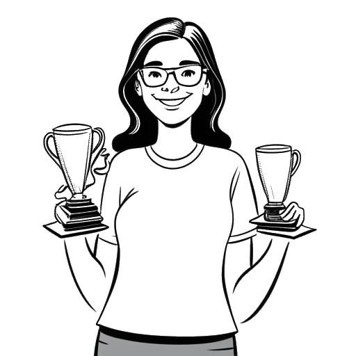 Strichzeichnung einer Frau, die Dagi Bee darstellt, mit zwei Trophäen in der Hand, mit den Worten 'Favorite Video Blogger' darauf