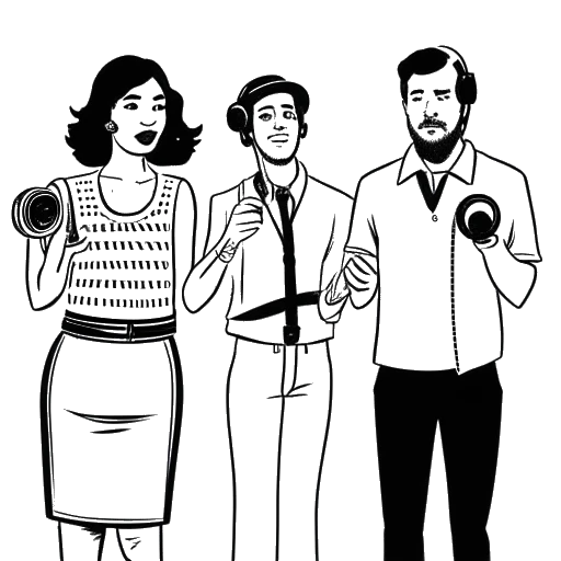 Strichzeichnung einer Frau und zweier Männer, die Dagi Bee, KC Rebell und Julien Bam darstellen, die zusammenstehen, wobei einer ein Mikrofon und der andere eine Kamera hält, mit einem Plattenlabel im Hintergrund