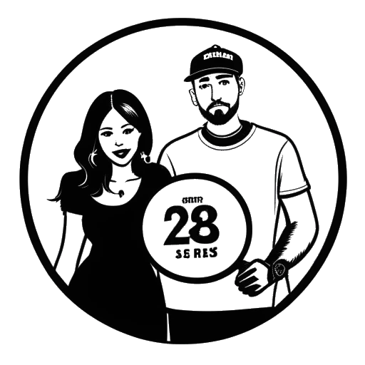 Strichzeichnung einer Frau und eines Mannes, die Dagi Bee und Eugen Kazakov darstellen, ein Schild mit der Aufschrift '23 Hours Music Label' haltend, mit einer Schallplatte im Hintergrund