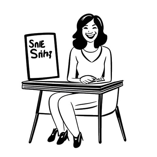 Strichzeichnung einer Frau, die Dagi Bee darstellt, auf einem Talkshow-Set sitzt, ein Schild mit der Aufschrift '#smilestorm' hält
