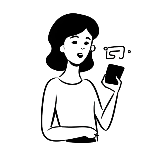 Strichzeichnung einer Frau, die Dagi Bee darstellt, ein Smartphone hält, mit den Worten 'Gesponserte Inhalte' darauf, und einer Sprechblase mit einem Fragezeichen