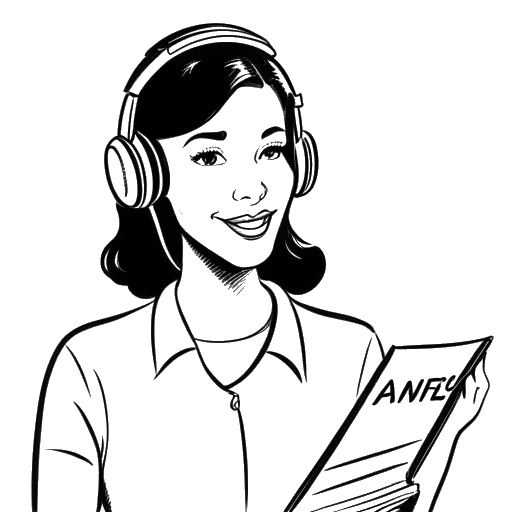 Strichzeichnung einer Frau, die Dagi Bee darstellt, mit einem Headset, einen Stift und Papier haltend, mit den Worten 'Wishlist: Angie' auf einem Schild