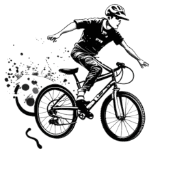Line drawing of a man representing Adam22 performing a BMX stunt, with musical notes and graffiti embellishing the urban scenery, set against a plain backdrop.