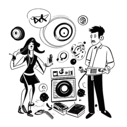 Line art of a man and woman, representing Adam22 and Lena Nersesian, surrounded by recording equipment and a mix of playful and contentious symbols, including a broken record and question marks, all against a white backdrop.