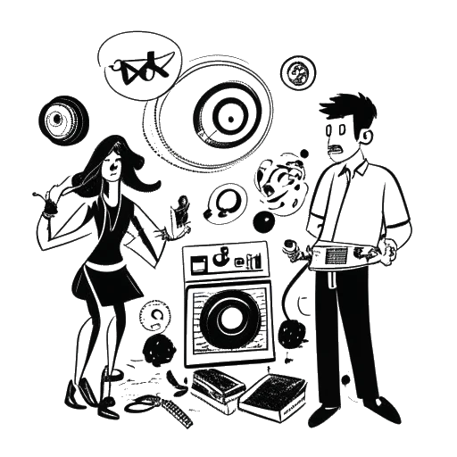 Dibujo de línea de un hombre y una mujer, representando a Adam22 y Lena Nersesian, rodeados de equipamiento de grabación y una mezcla de símbolos juguetones y contenidos, incluyendo un disco roto y signos de interrogación, todo en un fondo blanco.