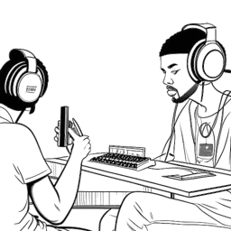 Line art representing Adam22 in an interview setting with a hip-hop artist, complete with studio equipment such as headphones and microphones, against a white background.