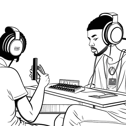 Lijntekening die Adam22 voorstelt in een interviewsetting met een hip-hopartiest, compleet met studioapparatuur zoals koptelefoons en microfoons, tegen een witte achtergrond.