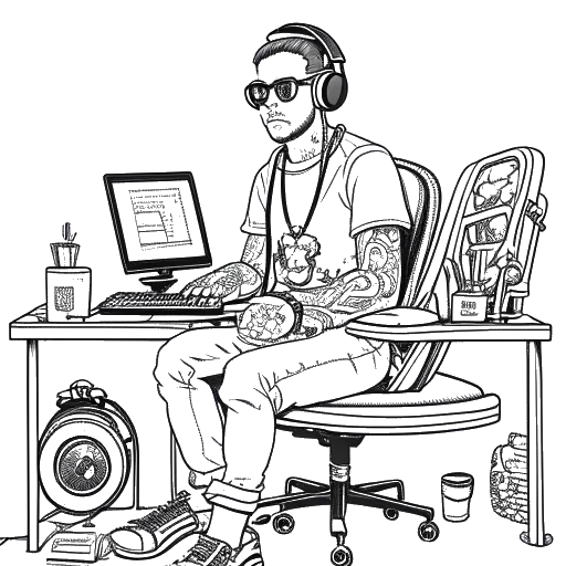 Skizze eines großgewachsenen, tätowierten Mannes, der Adam22 darstellt, ausgestattet mit einem Podcast-Setup mit Headset, umgeben von BMX-Ausrüstung und Andeutungen von Requisiten aus Erwachsenenfilmen, alles dargestellt vor einem leeren Hintergrund.