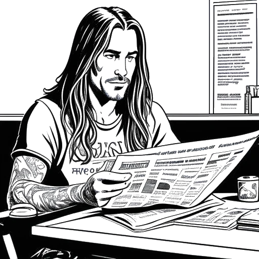 Line art drawing of a man with long hair and tattoos, representing Adam22, sitting at a table, with a headline of a newspaper displaying the allegations against him.
