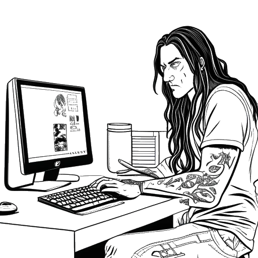 Line art drawing of a man with long hair and tattoos, representing Adam22, sitting in front of a computer, with a look of fear on his face, as a masked person approaches him.