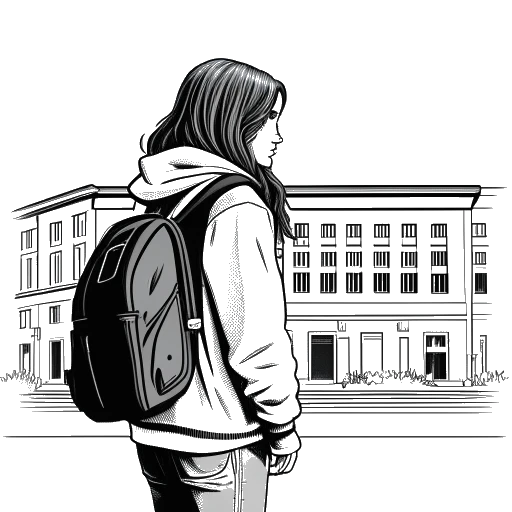 Dibujo lineal de un joven con cabello largo, vistiendo una sudadera universitaria, que representa a Adam22, alejándose de un edificio universitario con una expresión triste.