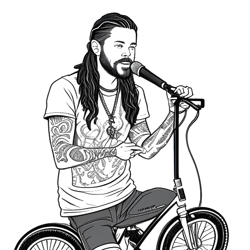 Lijntekening van een man met lang haar en tatoeages, die Adam22 voorstelt, staand voor een microfoon, een BMX-fiets vasthoudend, met een laptop die zijn sociale media-profielen weergeeft op de achtergrond.