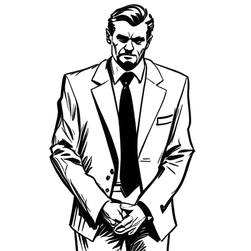 Line art drawing of a man in handcuffs, wearing a suit, representing Adam22's father during his imprisonment for a white-collar crime.