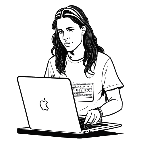 Desenho em arte de linha de um jovem com cabelos longos, vestindo uma camisa de BMX, segurando um laptop com o logo do site The Come Up exibido na tela.