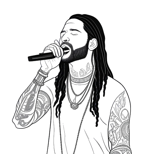 Line art drawing of a man with long hair and tattoos, representing Adam22, holding a microphone, with a CD cover for Gucci Mane's 'Bricks' displayed in the background.
