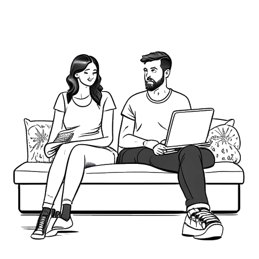 Line art drawing of a man and a woman, representing Adam22 and Lena the Plug, sitting on a couch, holding hands, with a laptop displaying a website for their adult film.