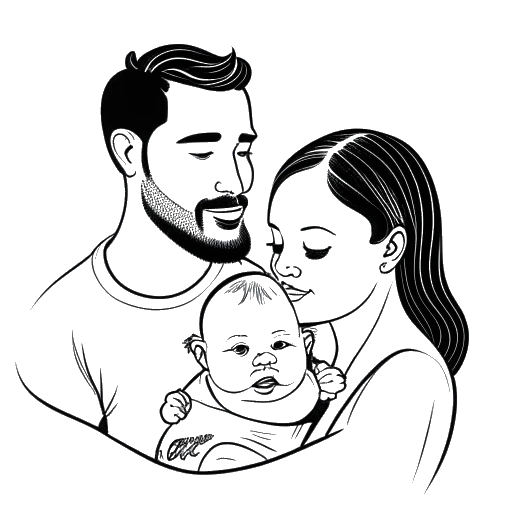 Lijntekening van een man en een vrouw, die Adam22 en Lena the Plug voorstellen, die een baby vasthouden, met een geboortedatum die op de achtergrond wordt weergegeven.